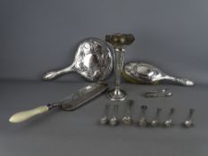 Chester silver backed dressing table hand mirror and brush, a good EP crumb scoop with ivory handle,