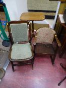 Square topped turned column tripod base side table, small rocking tub chair and another with