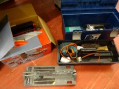 Plastic cantilever toolbox and contents, Vitrex tile cutter and a boxed electric TH-TC618 tile