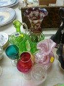 Selection of colourful glassware, Venetian and Mary Gregory in style with two uranium glass beakers