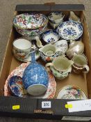 Box of Victorian and other decorative tea and tableware, a cameo carved shell and one other and an