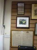 Two framed historical newspaper cuttings, dated 1798 and 1834 and a North Wales scene watercolour
