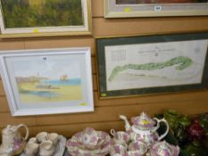R RAYMOND watercolour study - people tending their sailing boats and an old course map of St