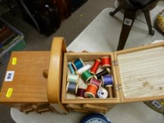 Wooden cantilever sewing box and contents
