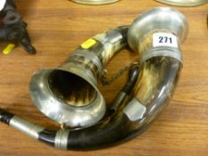 Pair of horn hunting horns with plated rims