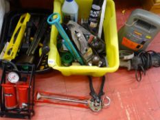 Two tubs of various garage items including Halfords double foot pump, tools, Halfords battery