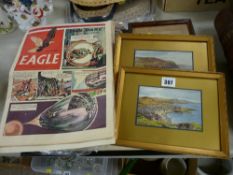 Six Eagle comics in good condition, April and May 1950 and a quantity of framed pictures and prints
