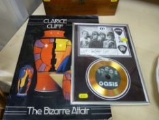 Framed autographed Oasis card with gold disc and a Clarice Cliff 'Bizarre Affair' book