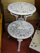 Vintage cast metal conservatory table with chequer board top and one other pierced conservatory