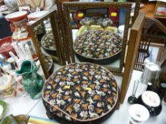Gilt framed triple dressing mirror and a tapestry topped footstool with scroll feet