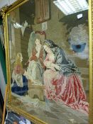 Large gilt framed Berlin type woolwork tapestry of two young girls with fortune teller