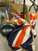 Mixed box of collectables including a vintage Union Jack flag and others, a boxed footpump etc
