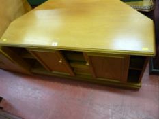 Light wood corner entertainment unit with sliding doors