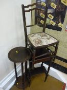 Small floral seated bedroom chair, two tier occasional table and a circular two tier planter stand
