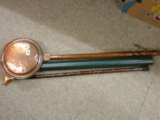 Long handled copper bedwarmer, a walking stick and a quantity of vintage news sheets with