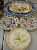 Crown Ducal blush decorated cake plate, a pair of early hand painted pottery wall plates etc
