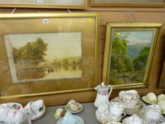 J W WHITE watercolour study - two fishermen in a boat with church spire and cattle to the background