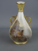 Royal Worcester porcelain two handled vase, painted with mountain sheep by John Stinton, signed,