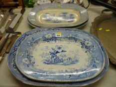 Four blue and white meat platters