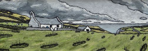 ALAN WILLIAMS acrylic on panel - Pembrokeshire coastline with white washed church, entitled '