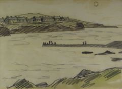 SIR KYFFIN WILLIAMS RA pencil and watercolour - coastal view with figures on a jetty and rows of