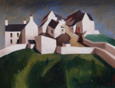 JOHN CLEAL oil on canvas - house and farm buildings on a hill, entitled verso 'Brecon Farm',
