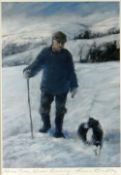 ALISON BRADLEY colour print - farmer and dog in the snow homeward bound, signed, 25 x 17cms (
