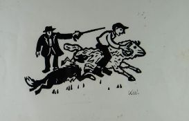 SIR KYFFIN WILLIAMS RA linocut - humorous self portrait of the artist riding a ram chased by a sheep