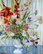 CHARLES WYATT WARREN oil on board - still life, flowers in a vase on a table, signed and with