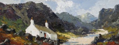 CHARLES WYATT WARREN oil on board - Snowdonia landscape with white washed cottage in the