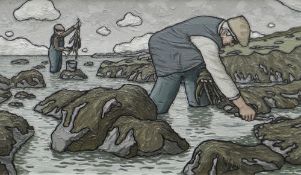 ALAN WILLIAMS acrylic on panel - two figures on a shoreline, entitled 'Seaweed Collectors',