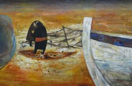 JOHN BOWEN oil on board - two figures on a beach mending nets, signed and dated 1970, 59 x 89cms (