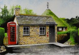 HOWELL DAVIES acrylic - village post office, entitled verso 'Post Office and Cockpit (St Fagans)',
