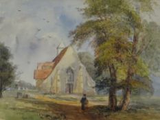 DAVID COX watercolour - figures in a church yard with unusual church building and trees, entitled