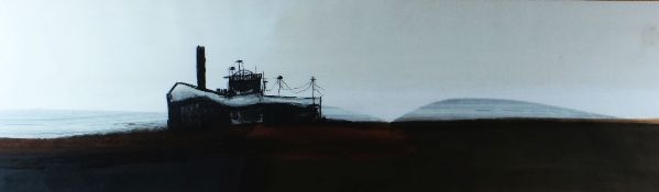 ROGER CECIL mixed media - barren landscape with industrial building, signed, 26 x 86cms (framed