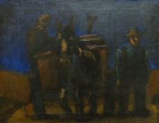 JOSEF HERMAN oil on canvas - a mule, cart and two labourers, entitled verso 'Dusk', labels verso, 51