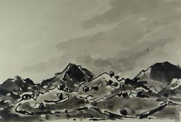 SIR KYFFIN WILLIAMS RA inkwash - Snowdonia mountains, signed with initials and entitled verso '