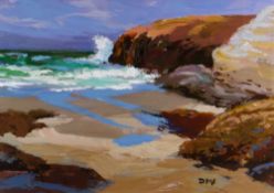 DONALD McINTYRE acrylic on board - crashing waves on a headland, entitled verso 'Anglesey Coast No.