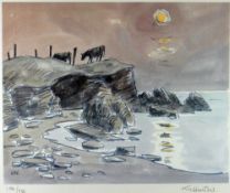 SIR KYFFIN WILLIAMS RA limited edition (190/750) print - cattle on Anglesey coastal headland under