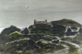 SIR KYFFIN WILLIAMS RA watercolour and pencil - upland farm with derelict barn and coastline beyond,