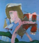 ROGER CECIL mixed media - semi-abstract figure in the surrealist style with kite in a landscape,