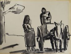 JOSEF HERMAN inkwash and pencil - two peasant figures, mule and cart, 17 x 22cms (unframed and