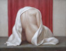 HARRY HOLLAND oil on board - life study of a nude partially shrouded in silk blanket, signed, 43 x