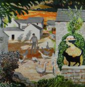JOHN ELWYN artist proof colour lithograph - farmyard scene with lady and cat and figure feeding