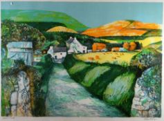 JOHN ELWYN artist proof colour lithograph - farmhouse with farm land and lane, signed, 42 x 58cms (