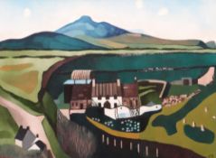 SARAH YOUNG oil on canvas - farmstead and landscape, signed with initials, 44 x 59cms (framed and