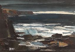 DONALD McINTYRE oil on canvas - coastal scene at dusk entitled verso 'Evening Pembroke Coast',