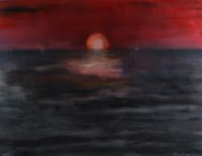 JOHN KNAPP-FISHER watercolour - seascape with red sun and distant lights on horizon, entitled