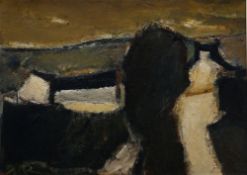 WILL ROBERTS oil on board - landscape with farm lane and farm buildings, entitled verso 'Tynywaun