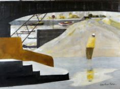 JOHN KNAPP-FISHER oil - single worker in hard hat to foreground, multiple boats on rough waters with